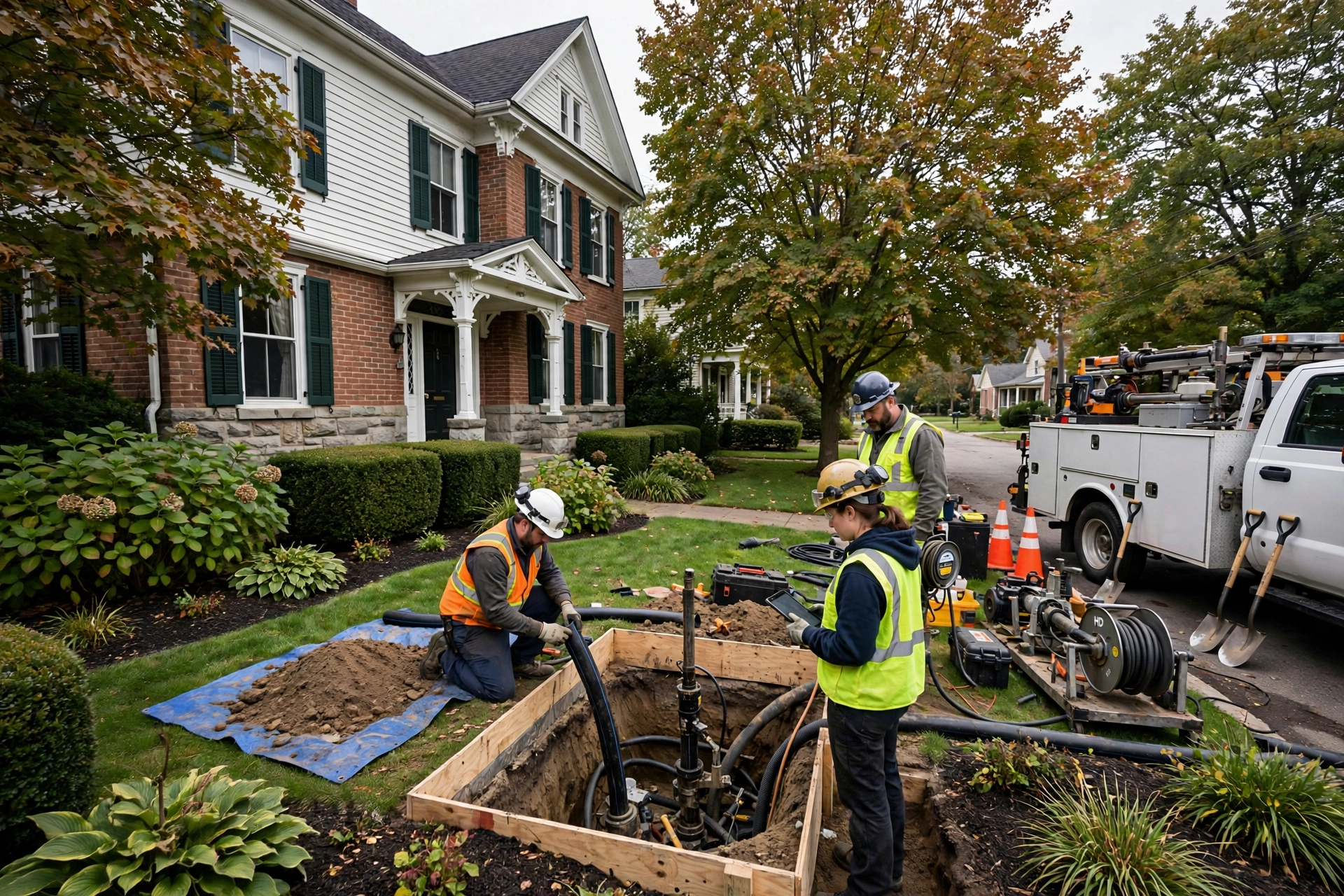 Trenchless sewer repair crew working with minimal digging to preserve historic Hudson landscaping