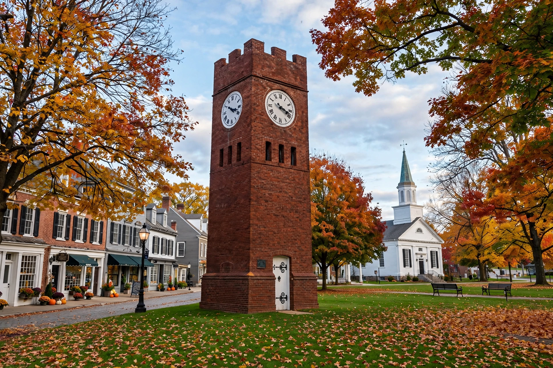 Historic downtown Hudson, Ohio, with its New England-style village green, white church steeple, and iconic clocktower
