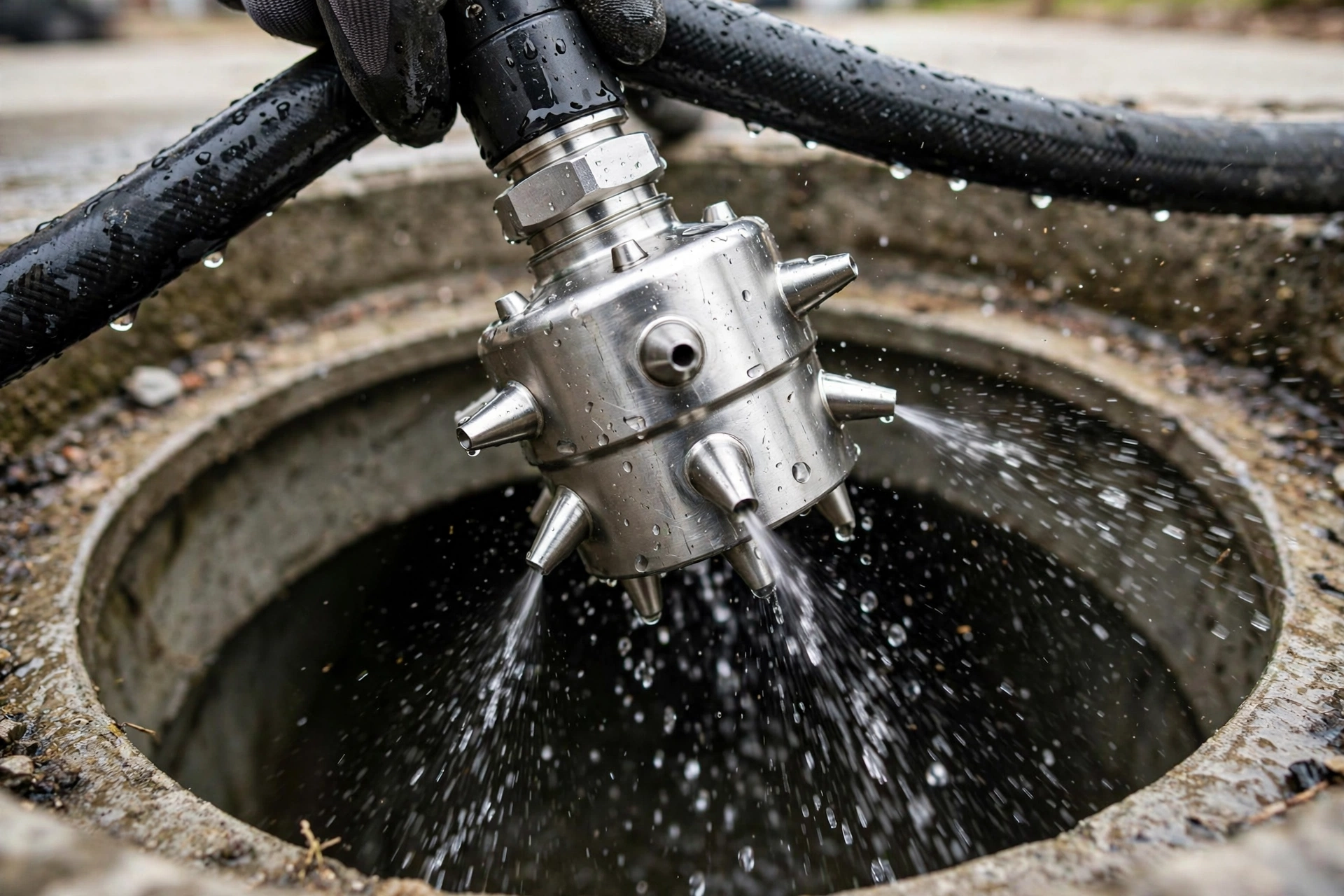 Close-up of a specialized hydro jetting nozzle with angled rear-facing water jets held above an open sewer cleanout