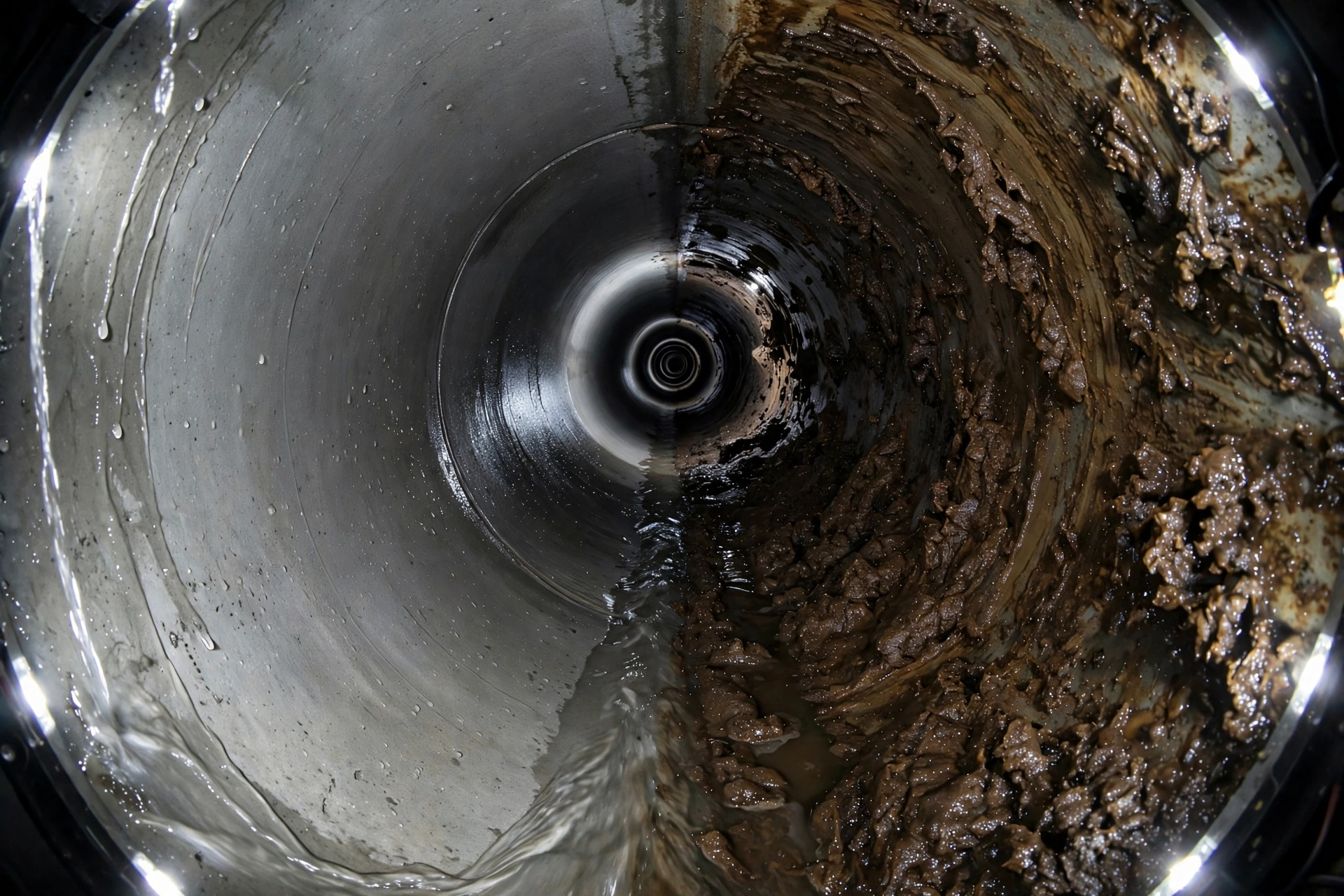 Inside view of a sewer pipe showing a clean scoured section next to thick grease and sludge buildup before hydro jetting passes