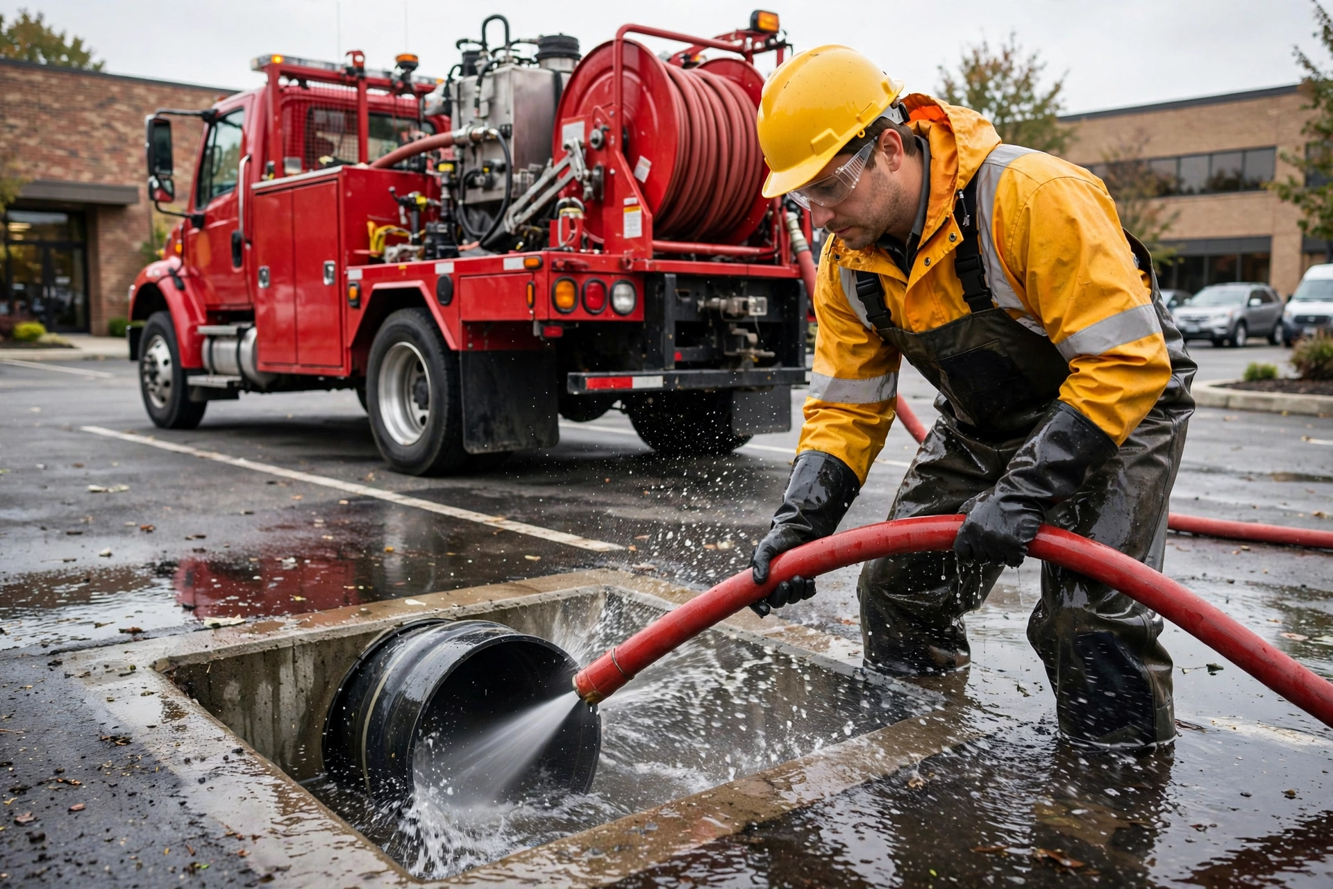 Technician guiding a high-pressure hydro jetting hose into a sewer cleanout with a jetter hose reel truck behind him in Ohio
