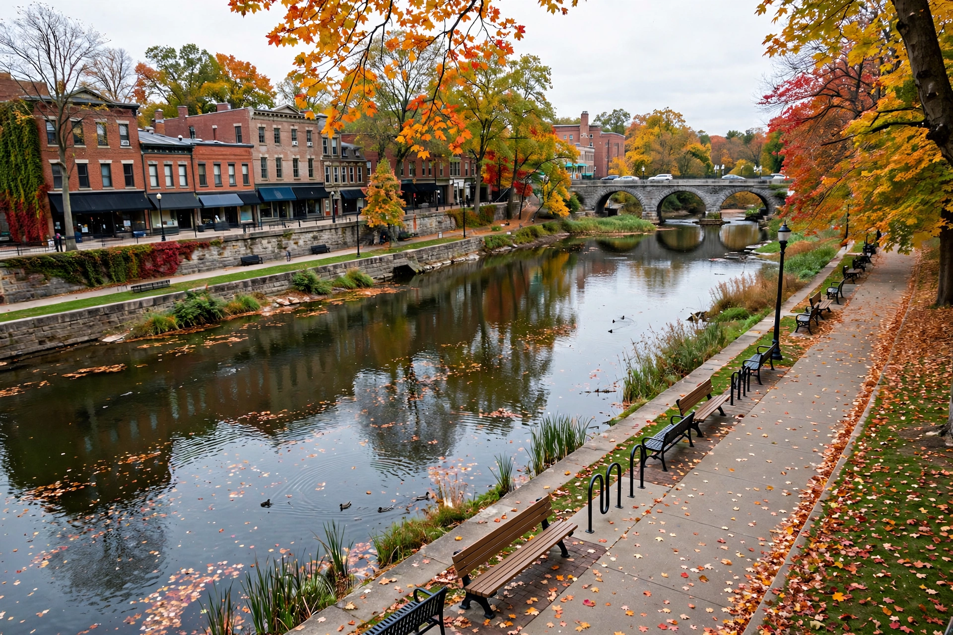 Downtown Kent, Ohio, college-town brick buildings along the Cuyahoga River near Kent State University
