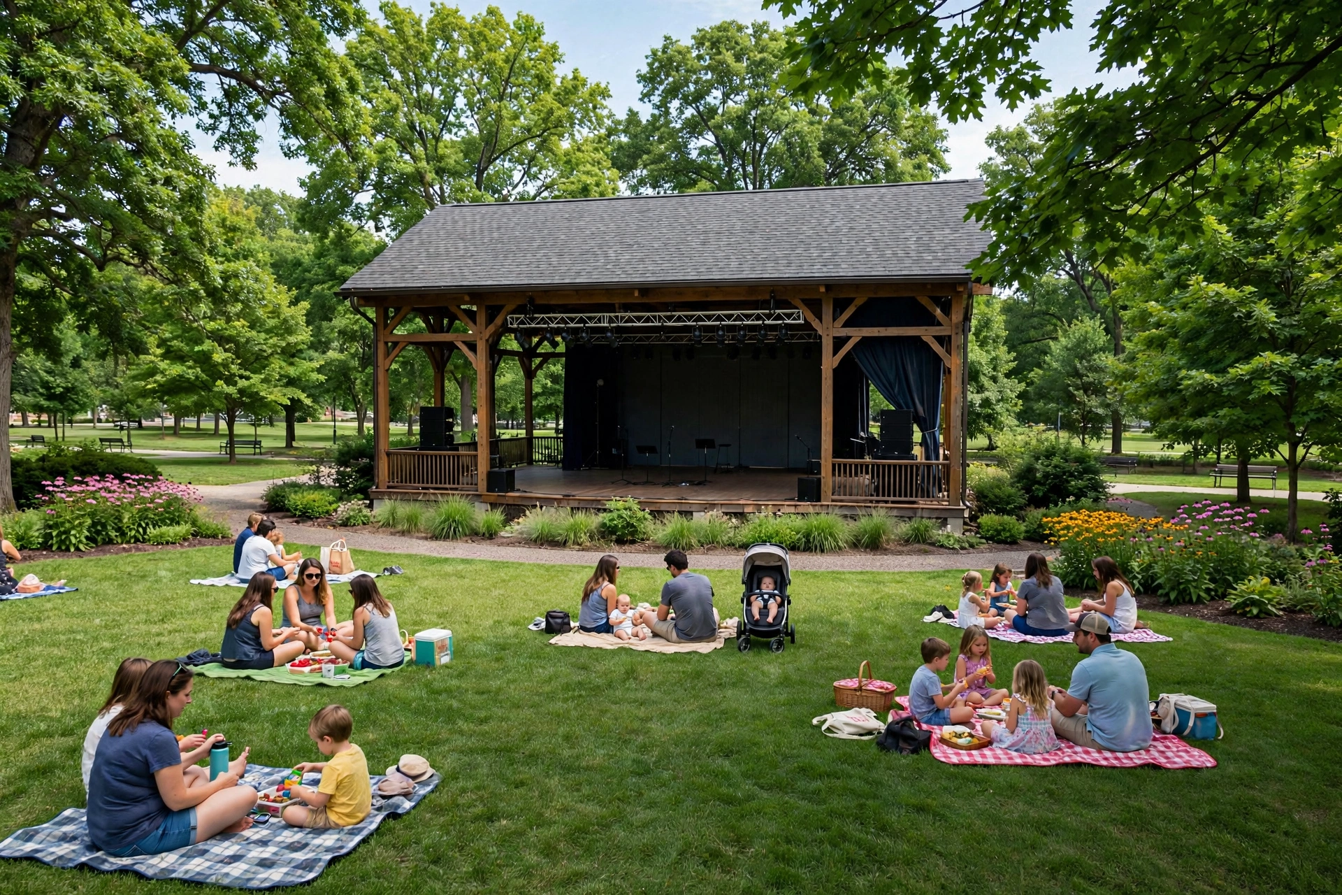 Outdoor amphitheater pavilion with lawn seating in a landscaped Kettering city park on a summer day