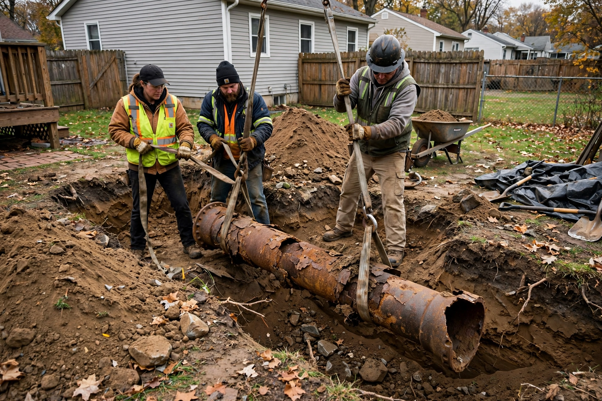 Excavated yard showing a section of old rusted cast iron sewer pipe being lifted from a trench