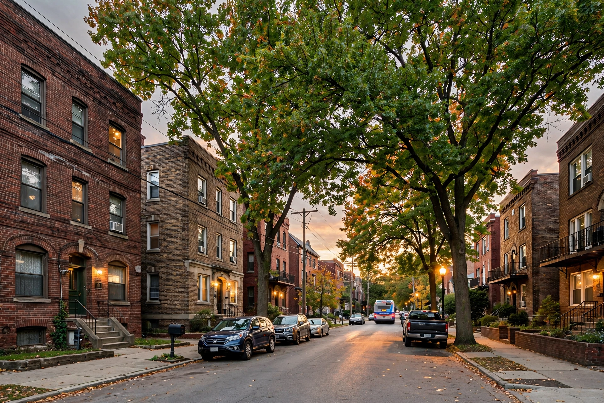Historic brick apartment buildings along Clifton Boulevard in Lakewood, Ohio, with mature trees