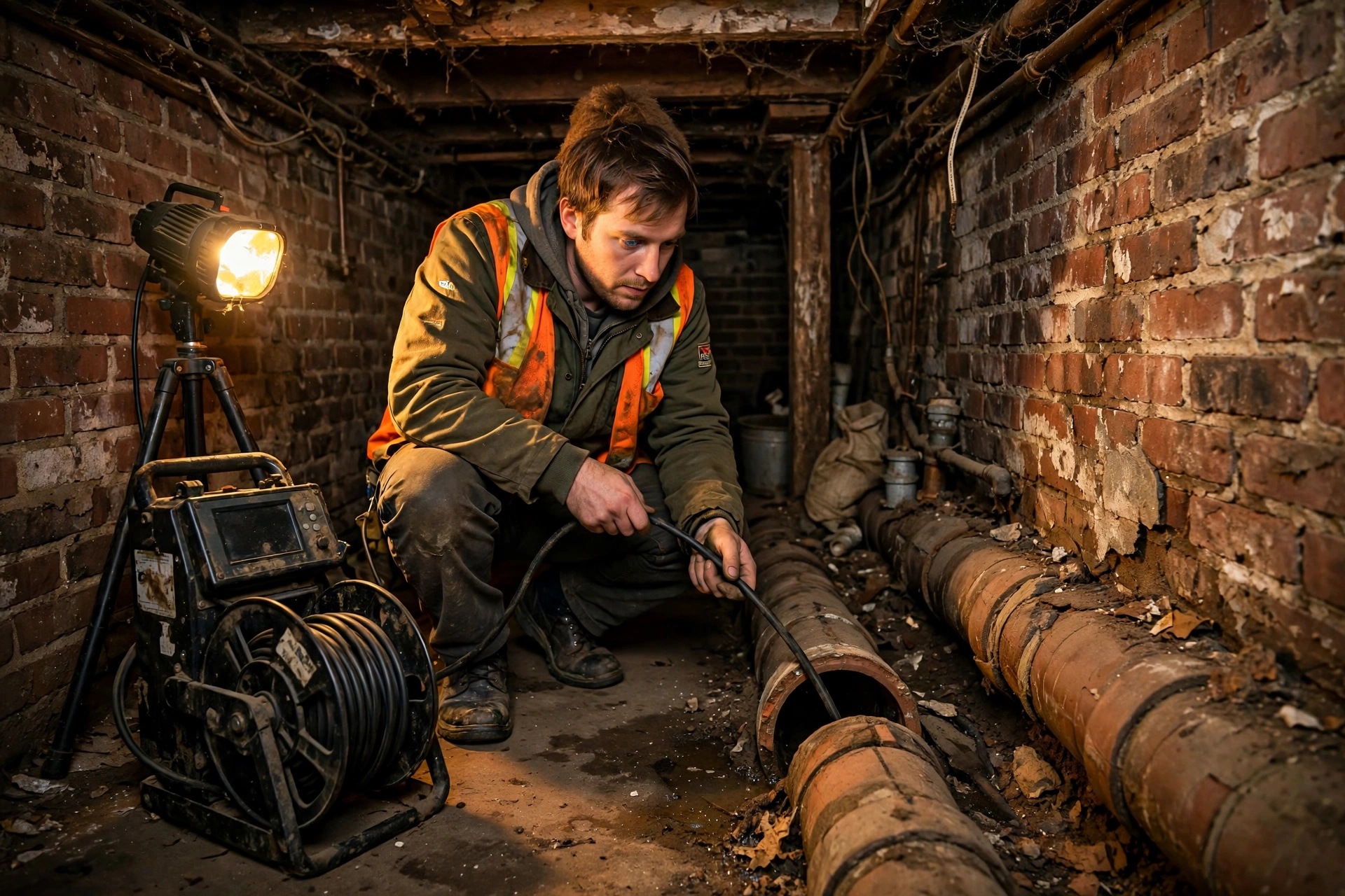 Sewer camera inspection technician in a narrow brick basement of a 1920s Lakewood, Ohio duplex with old clay tile pipe