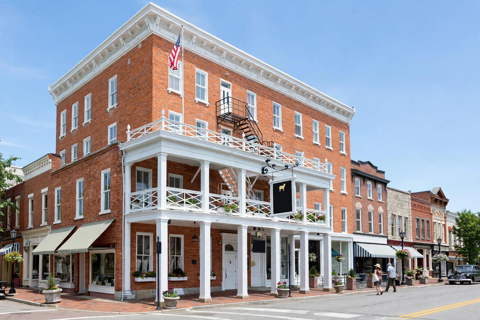 Historic Golden Lamb style brick inn and antique storefronts in downtown Lebanon Ohio