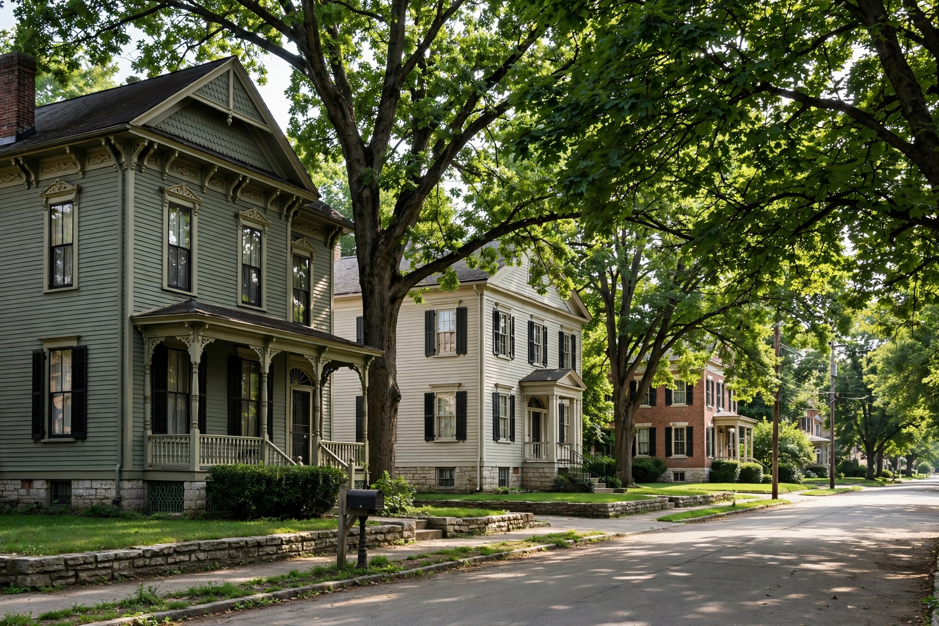 Lebanon Ohio residential street with older Victorian and Federal style homes and large shade trees