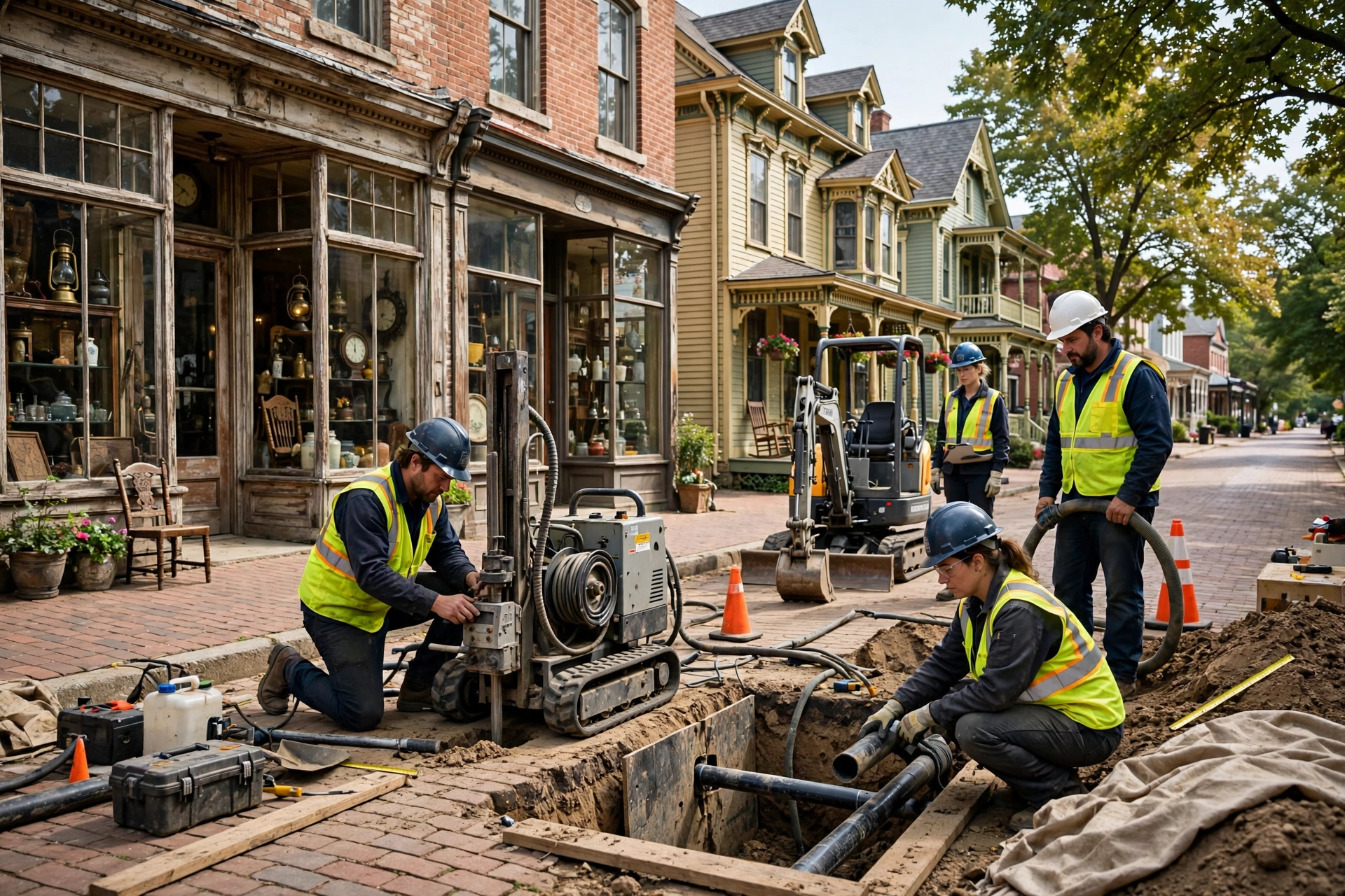 Sewer repair crew with trenchless equipment on a historic Lebanon Ohio brick street with antique storefronts and Victorian homes