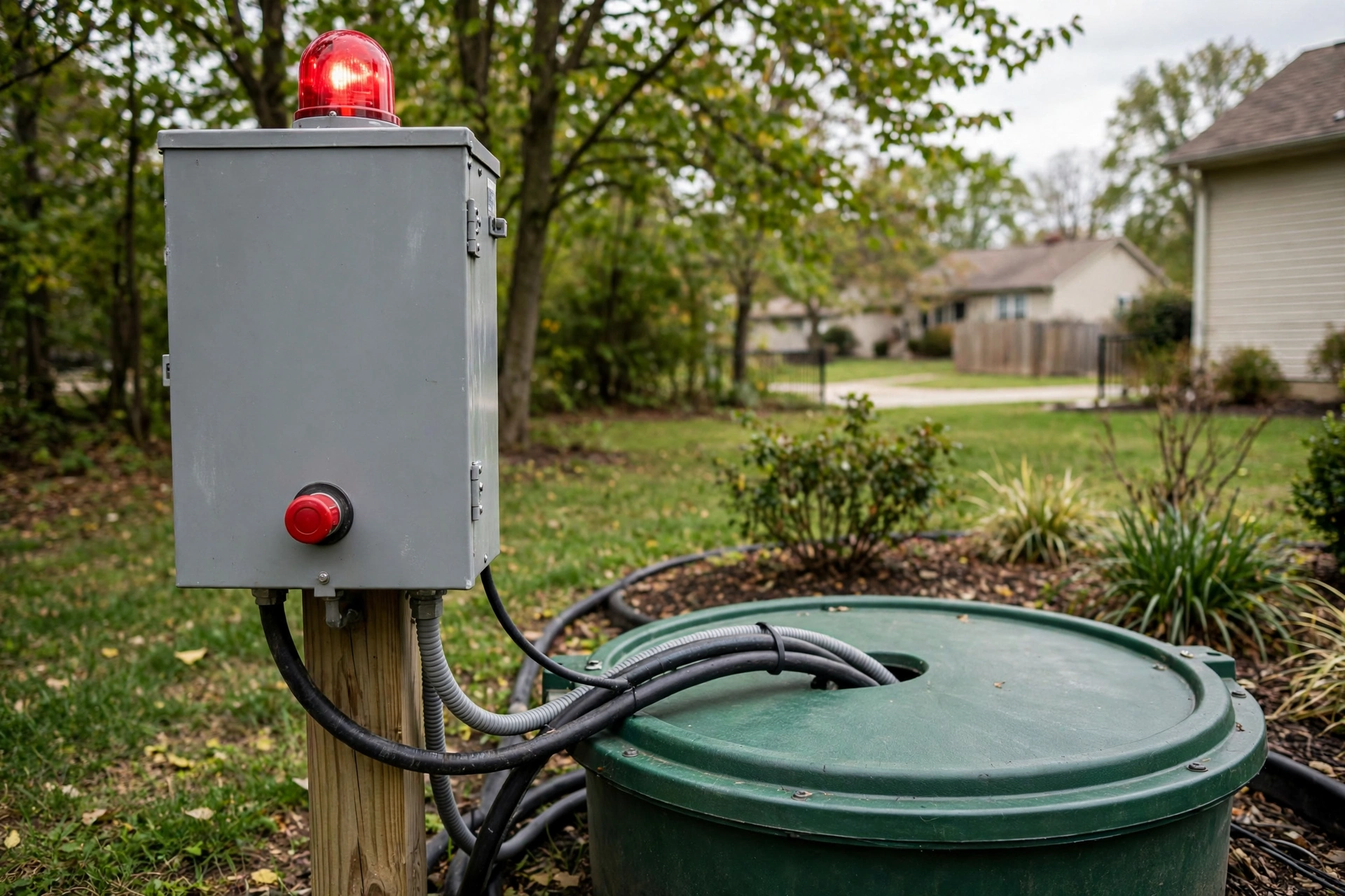 Lift station alarm control panel mounted on a post beside a green fiberglass basin lid in a residential yard