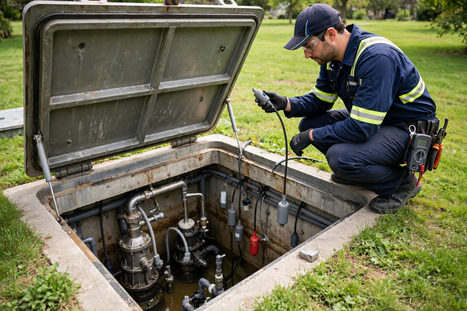 Technician servicing an open lift station basin, inspecting a float switch cable with pumps visible inside