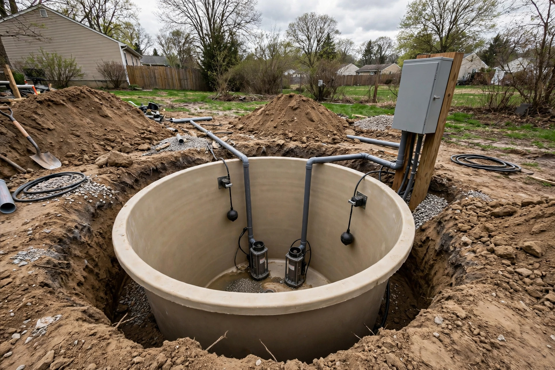 Residential sewage lift station basin set into excavated earth with submersible pumps, float switches, and a control panel