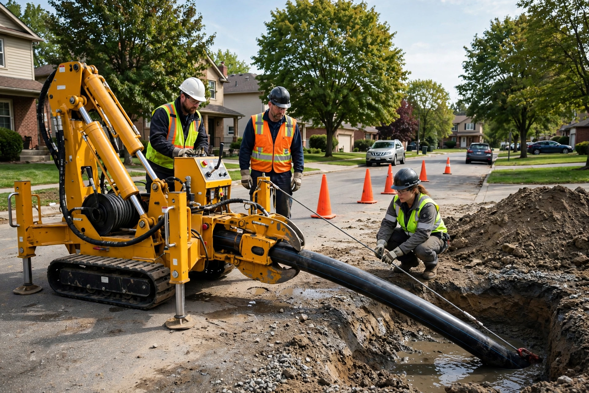Trenchless pipe bursting equipment replacing a sewer line on a residential street in Lima, Ohio