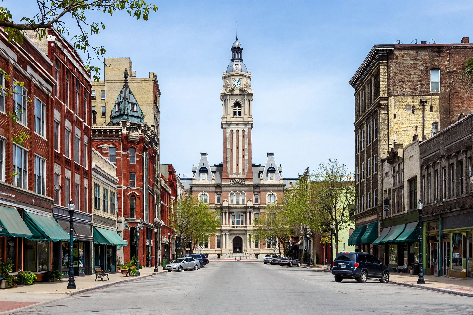 Historic brick buildings and a clock tower on a downtown main street in Lima, Ohio