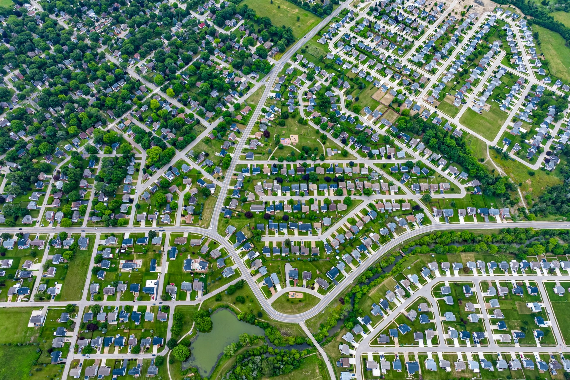 Aerial view of Ohio suburban neighborhoods showing wide service area coverage
