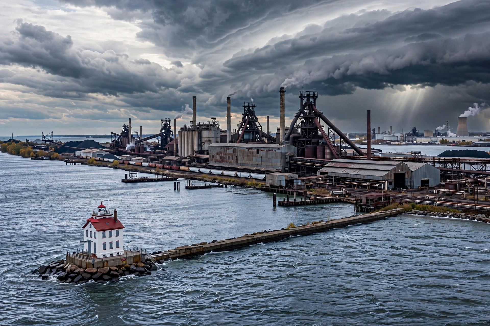 Steel mill buildings along the Lake Erie lakefront in Lorain, Ohio, with the harbor lighthouse