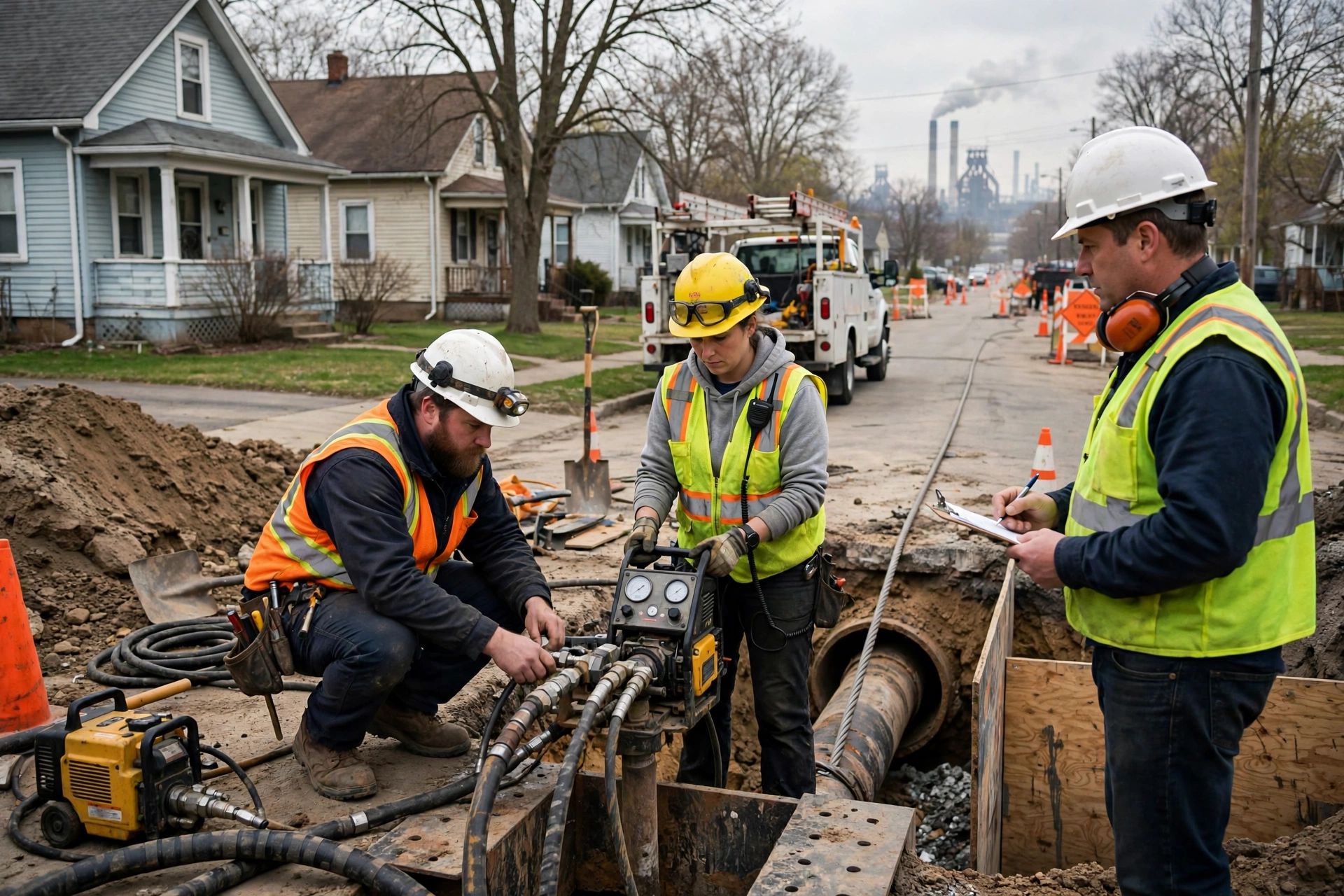 Sewer repair crew operating pipe-bursting equipment on a Lorain, Ohio street with steel mill smokestacks in the distance