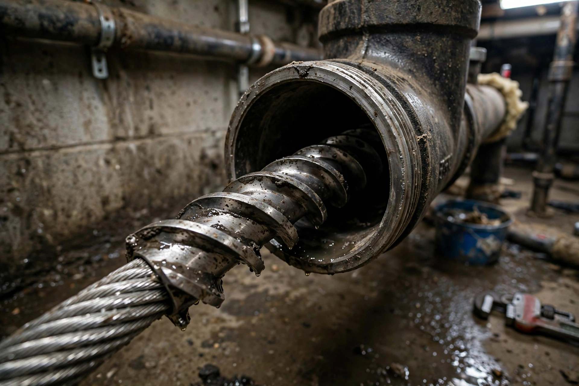 Close-up of a steel drain snake cable with a cutting blade head entering a sewer cleanout pipe