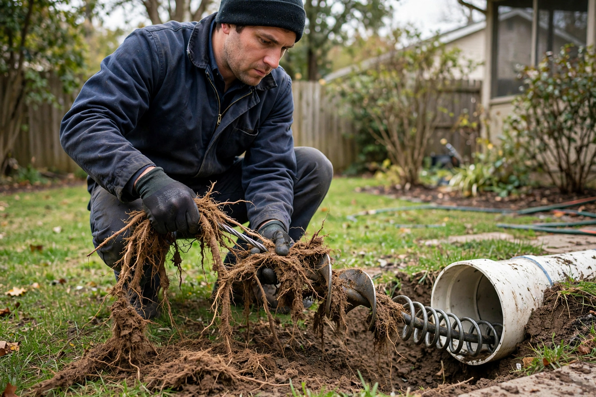 Technician pulling tree roots off a drain auger cable next to an outdoor cleanout