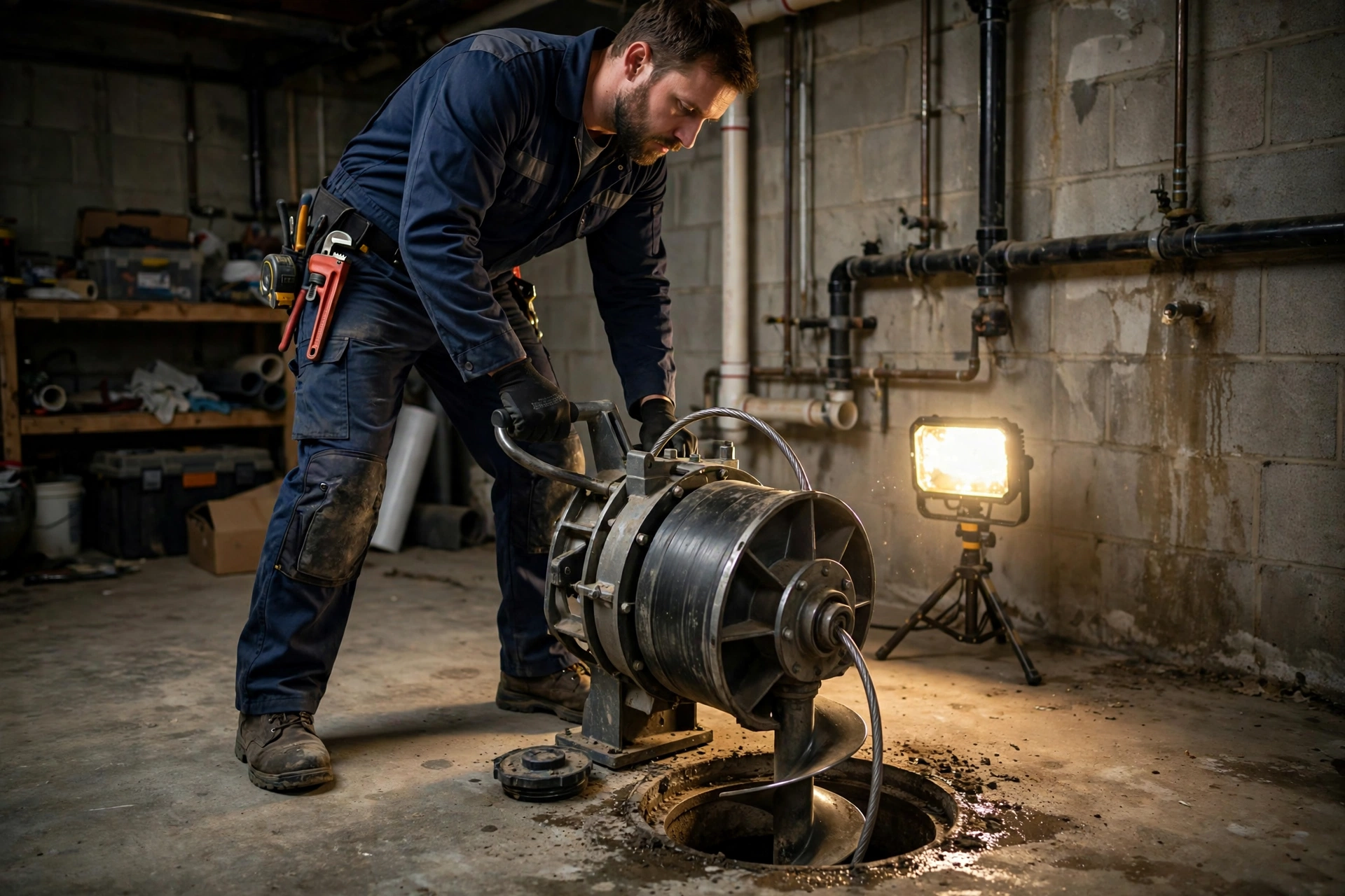 Professional plumber operating a large drum drain auger machine at a basement floor drain cleanout