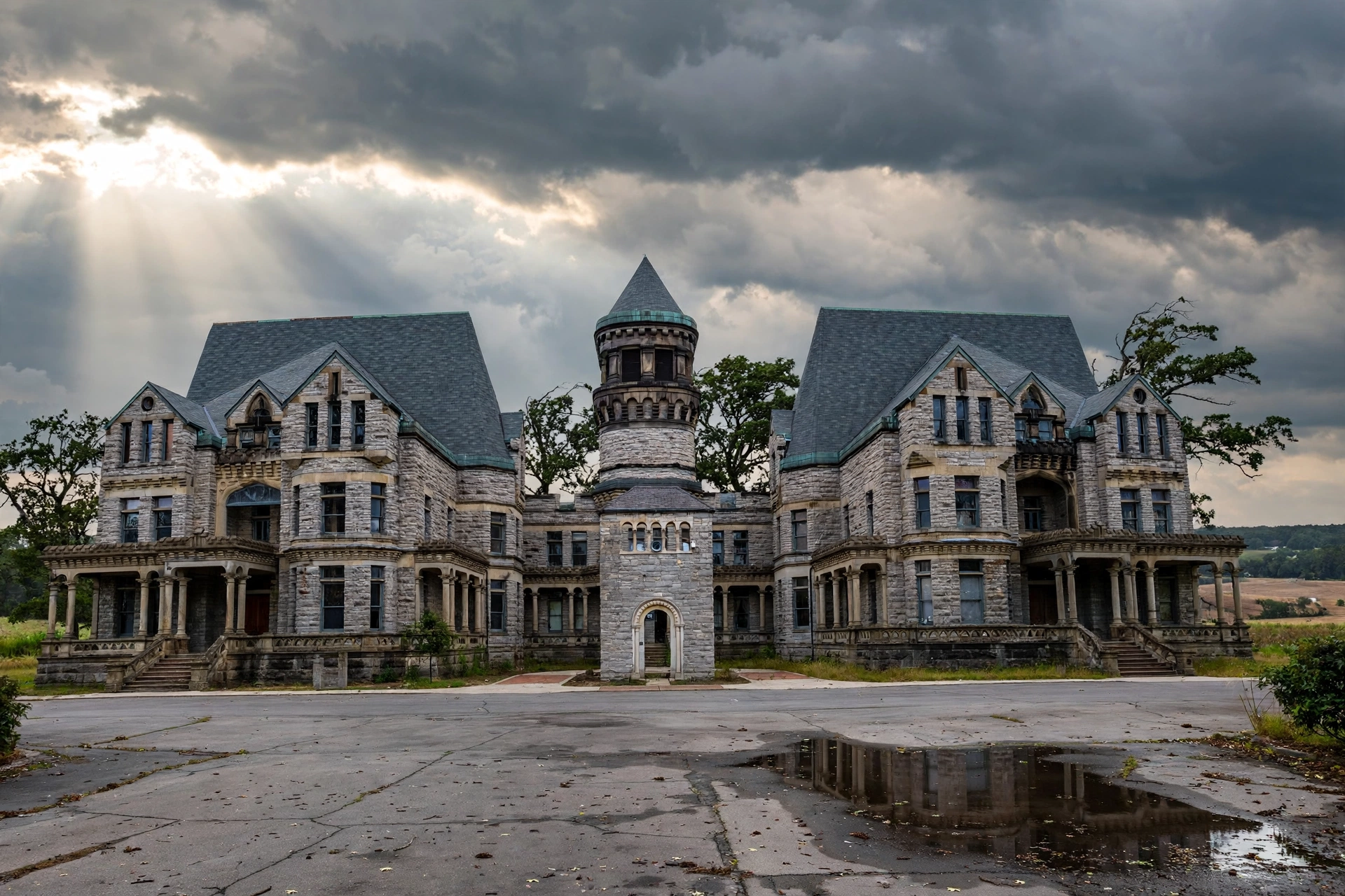Historic 1890s stone reformatory building with towers in Mansfield, Ohio