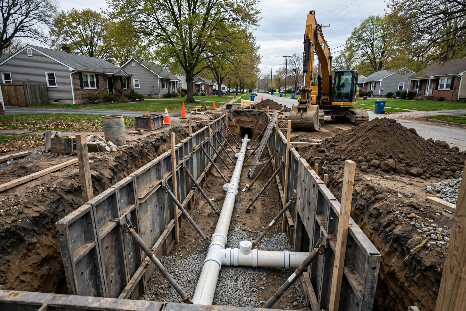 Open-trench sewer line replacement in Mansfield, Ohio with new PVC pipe in a deep trench