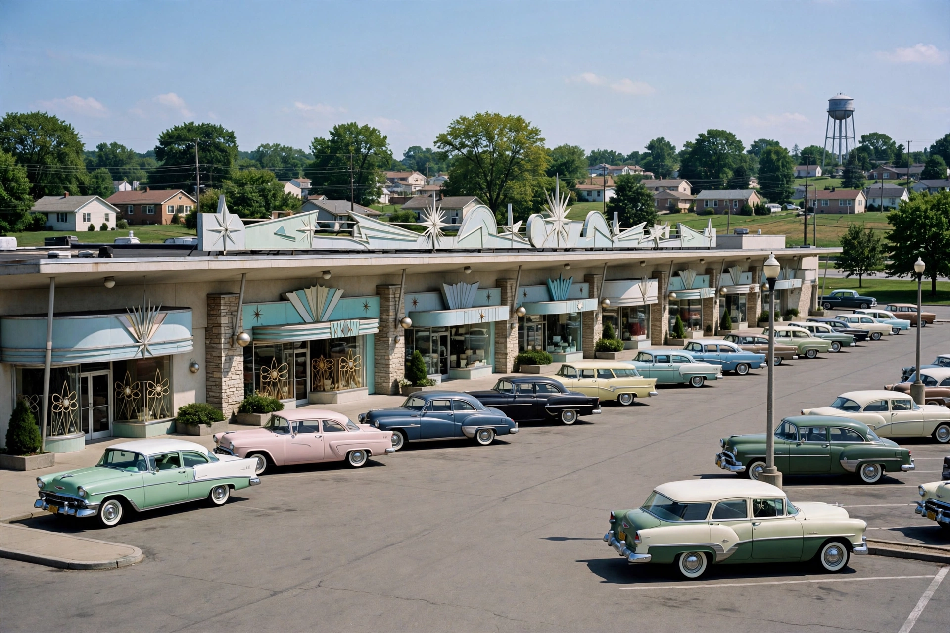 Southgate USA mid-century shopping plaza in Maple Heights, Ohio, with retro storefronts and a parking lot