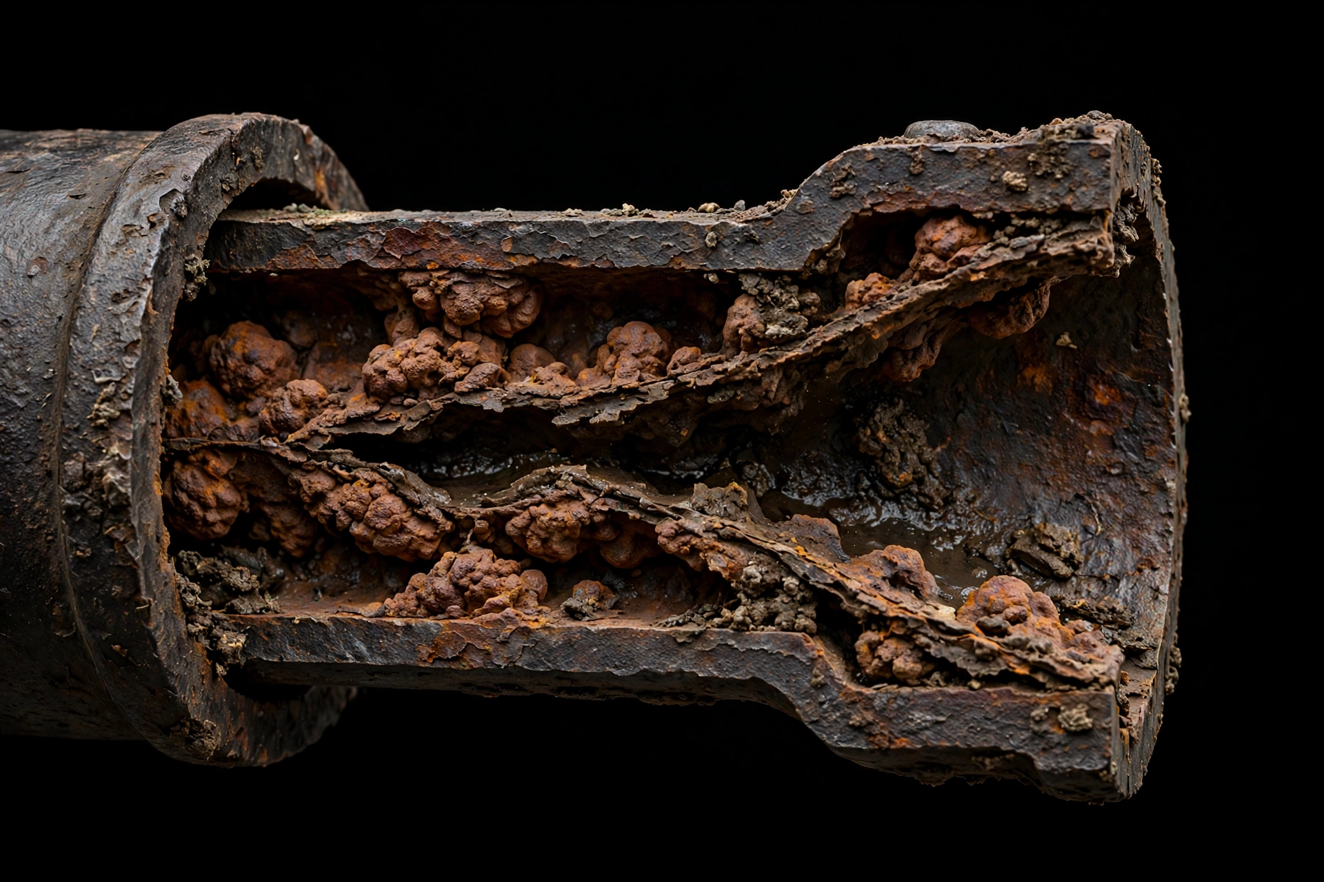 Cross-section of aging cast iron sewer pipe showing heavy internal rust scale and tuberculation narrowing the flow channel