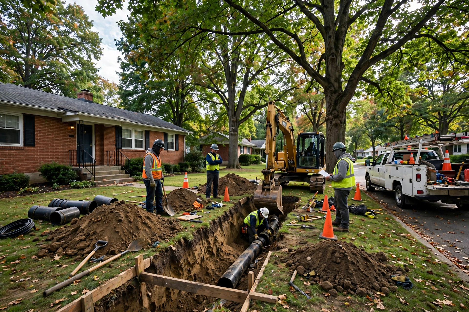 Sewer line replacement crew excavating a trench in the front yard of a 1950s ranch home in Maple Heights, Ohio, with mature trees and a work truck