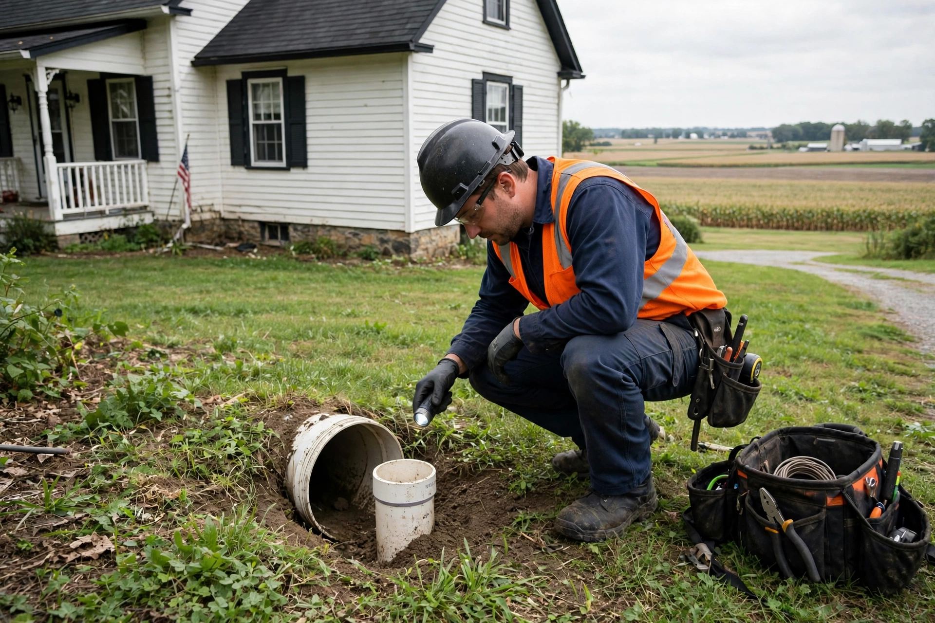 Sewer technician inspecting a cleanout at a farmhouse-style home on the edge of Marion, Ohio with flat farmland in the distance