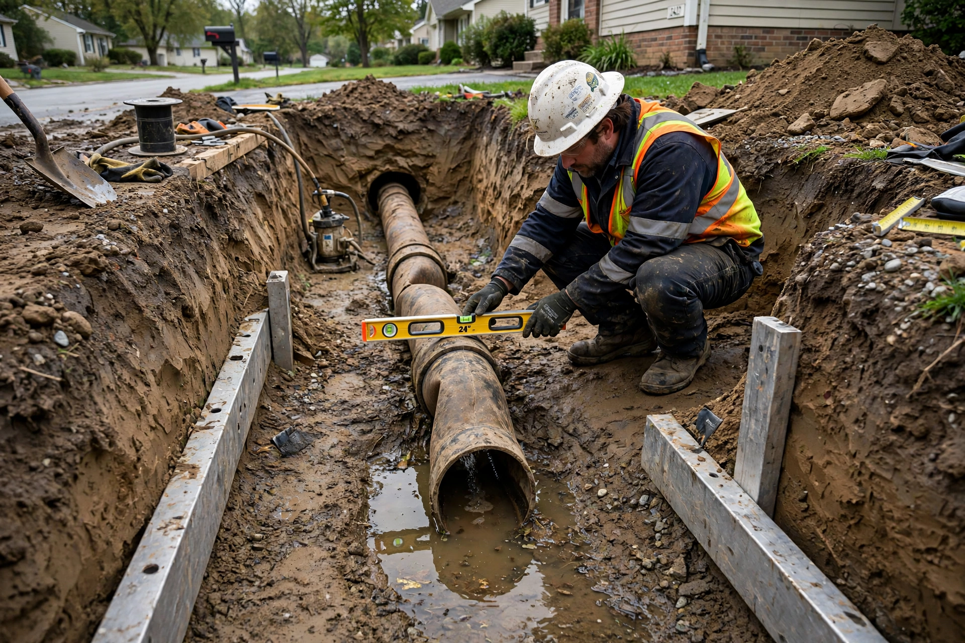 Trenchless crew installing a new sewer line in a 1990s Marysville, Ohio subdivision with two-story homes