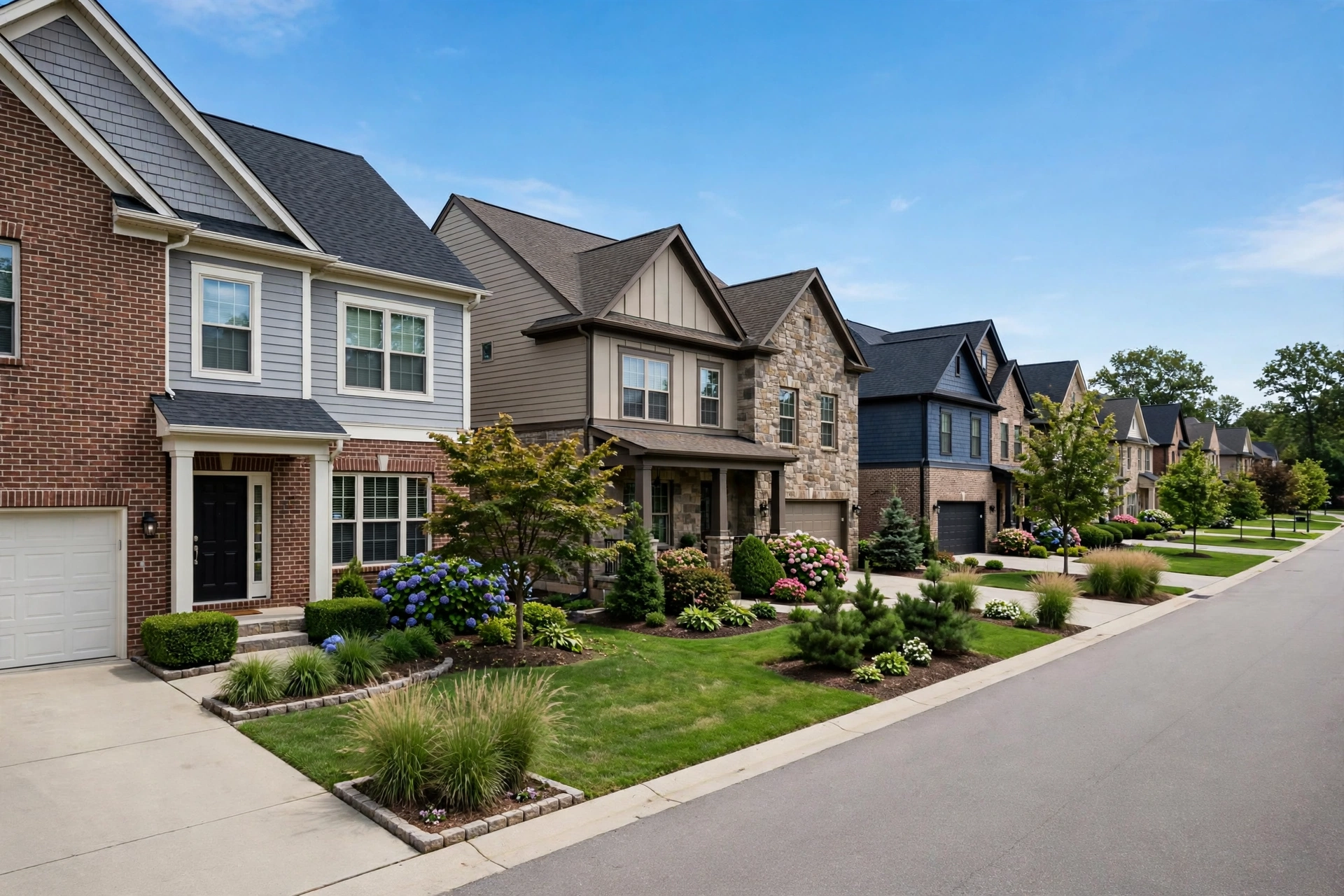 Upscale Mason Ohio subdivision street with two-story homes, manicured lawns, and mature landscaping