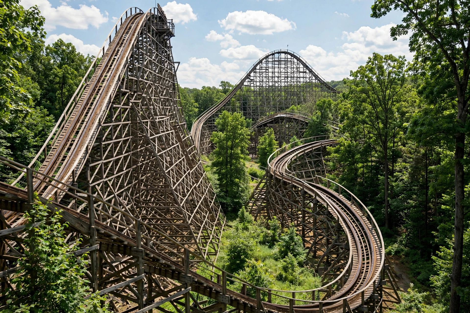 Rolling wooden roller coaster at an amusement park near Mason Ohio against a summer sky