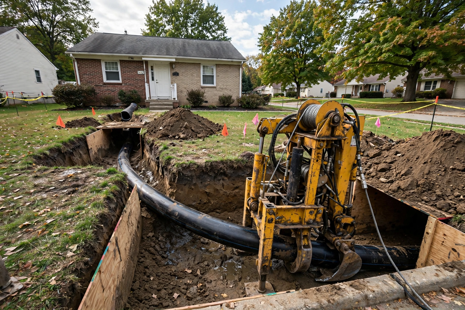 Pipe bursting equipment pulling new pipe through the ground at a Massillon, Ohio home