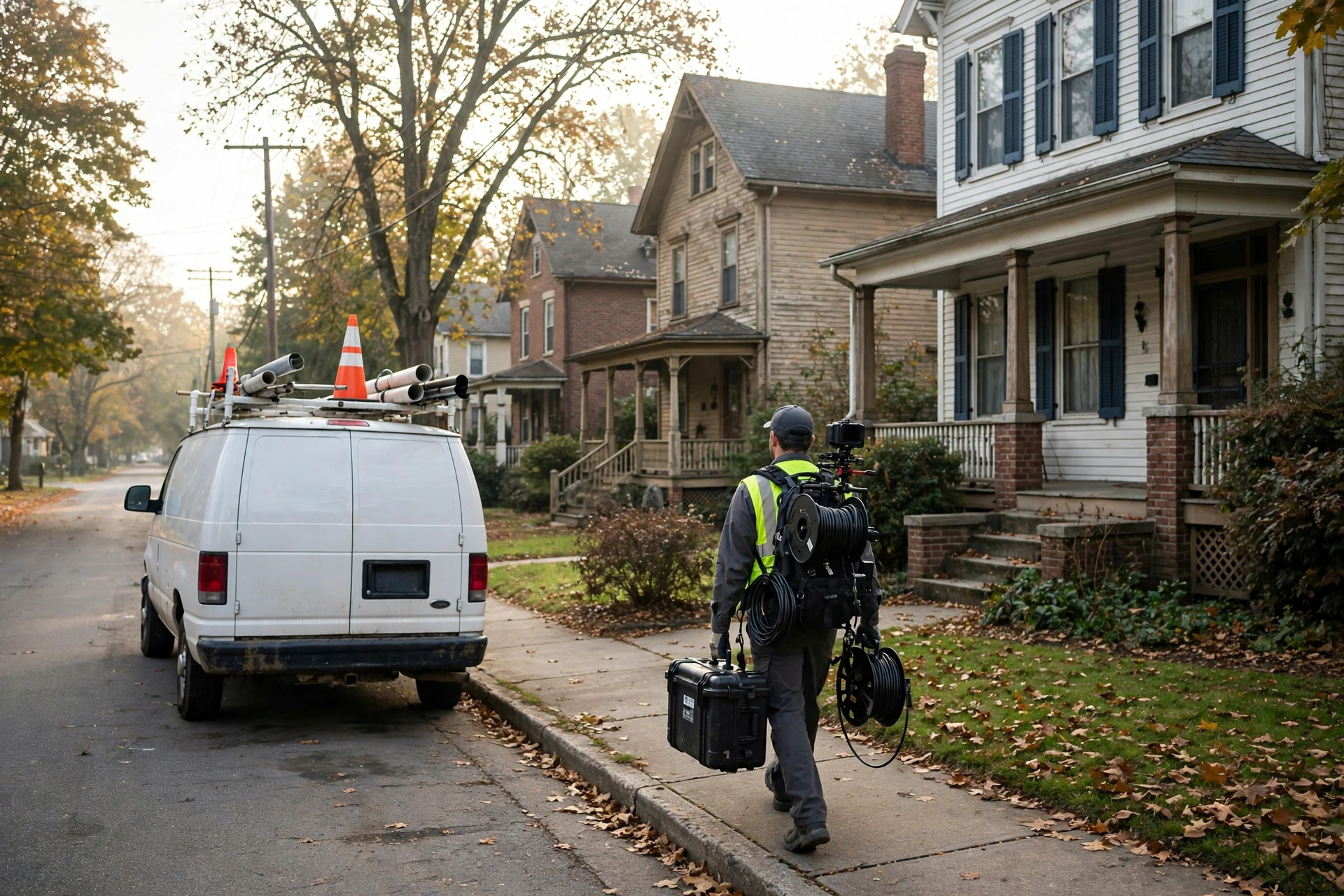 Sewer repair service van on a quiet residential street of early-1900s homes in Massillon, Ohio