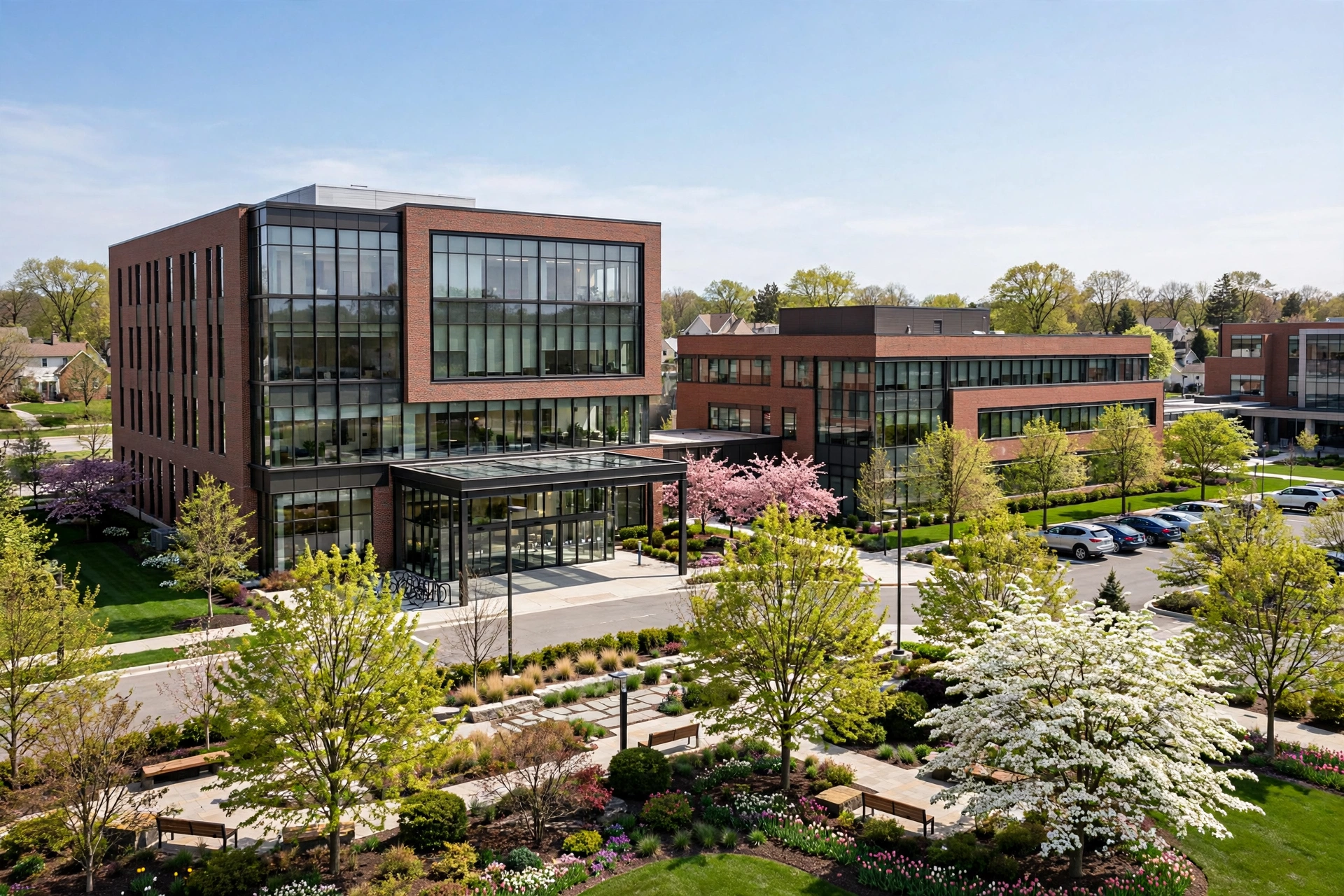 A modern hospital campus with glass and brick medical buildings and landscaped grounds in Mayfield Heights, Ohio