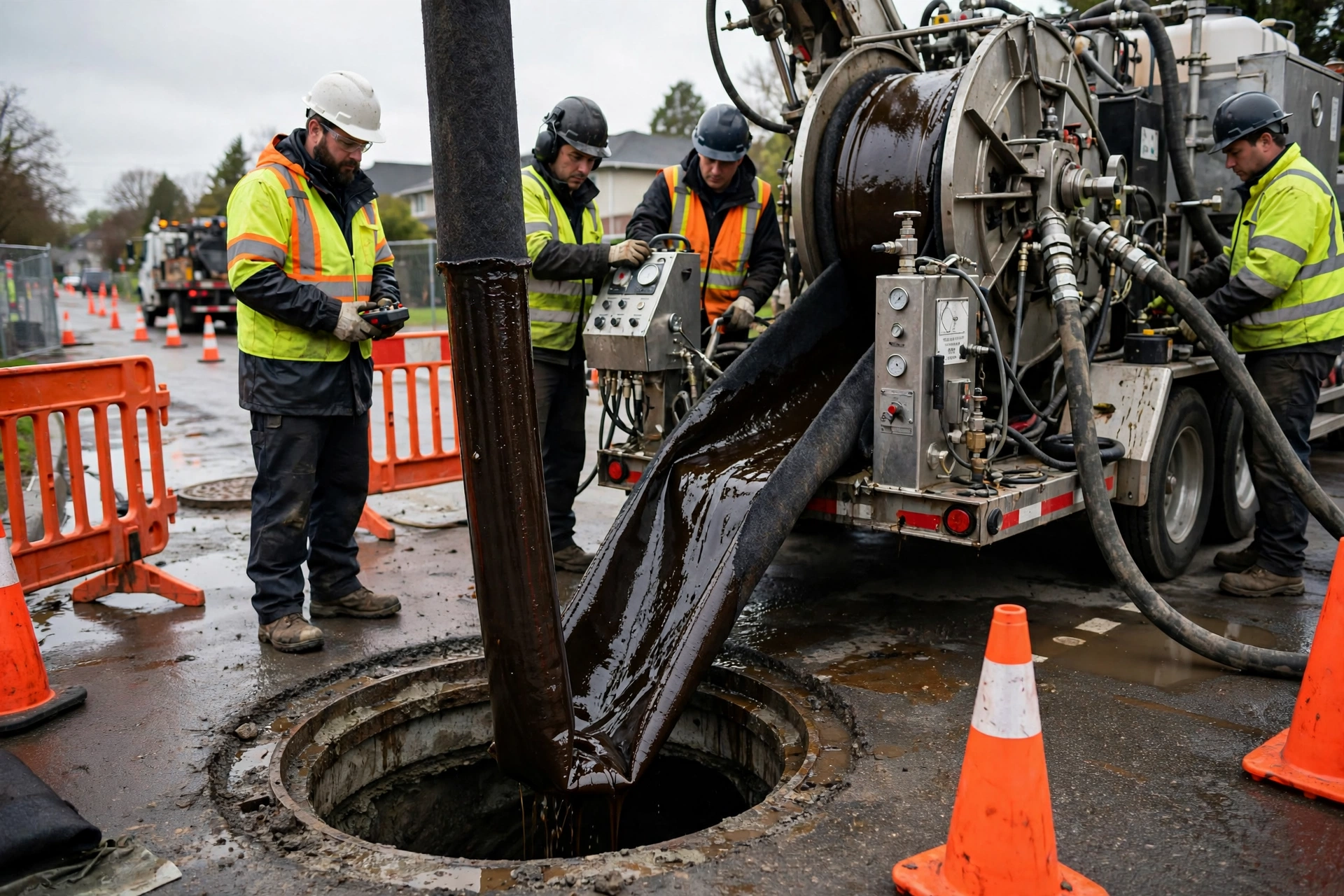 Cured-in-place pipe lining installation with a resin-saturated liner being inverted into a sewer pipe through a manhole while a crew works
