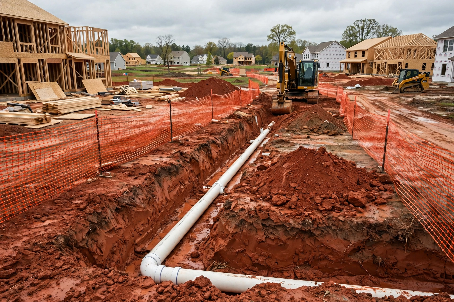 New subdivision homes under construction in Medina, Ohio, with exposed PVC sewer pipe trenches and construction equipment