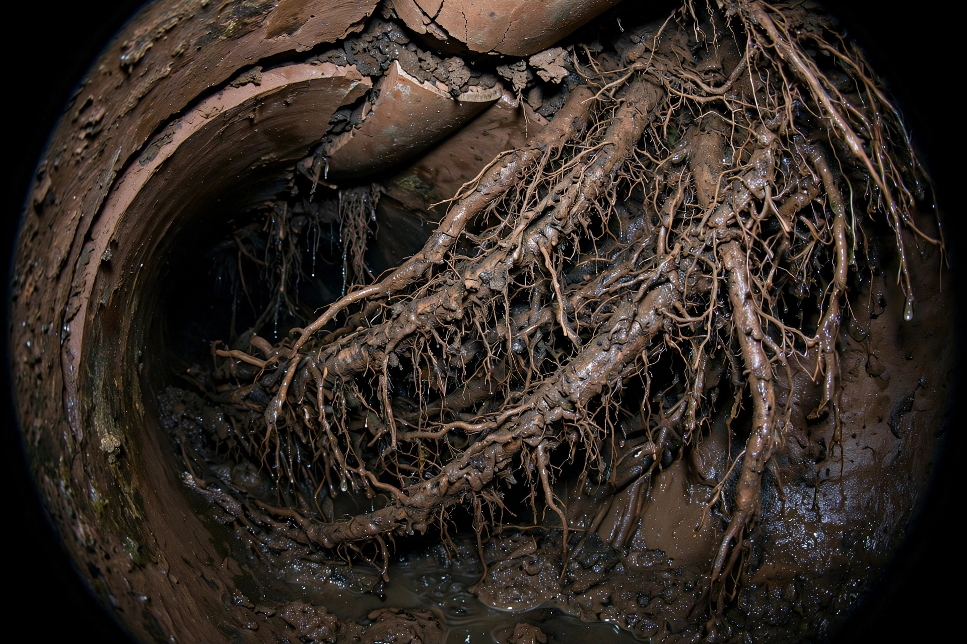 Sewer camera view inside a clay pipe showing fibrous tree roots invading through a cracked joint