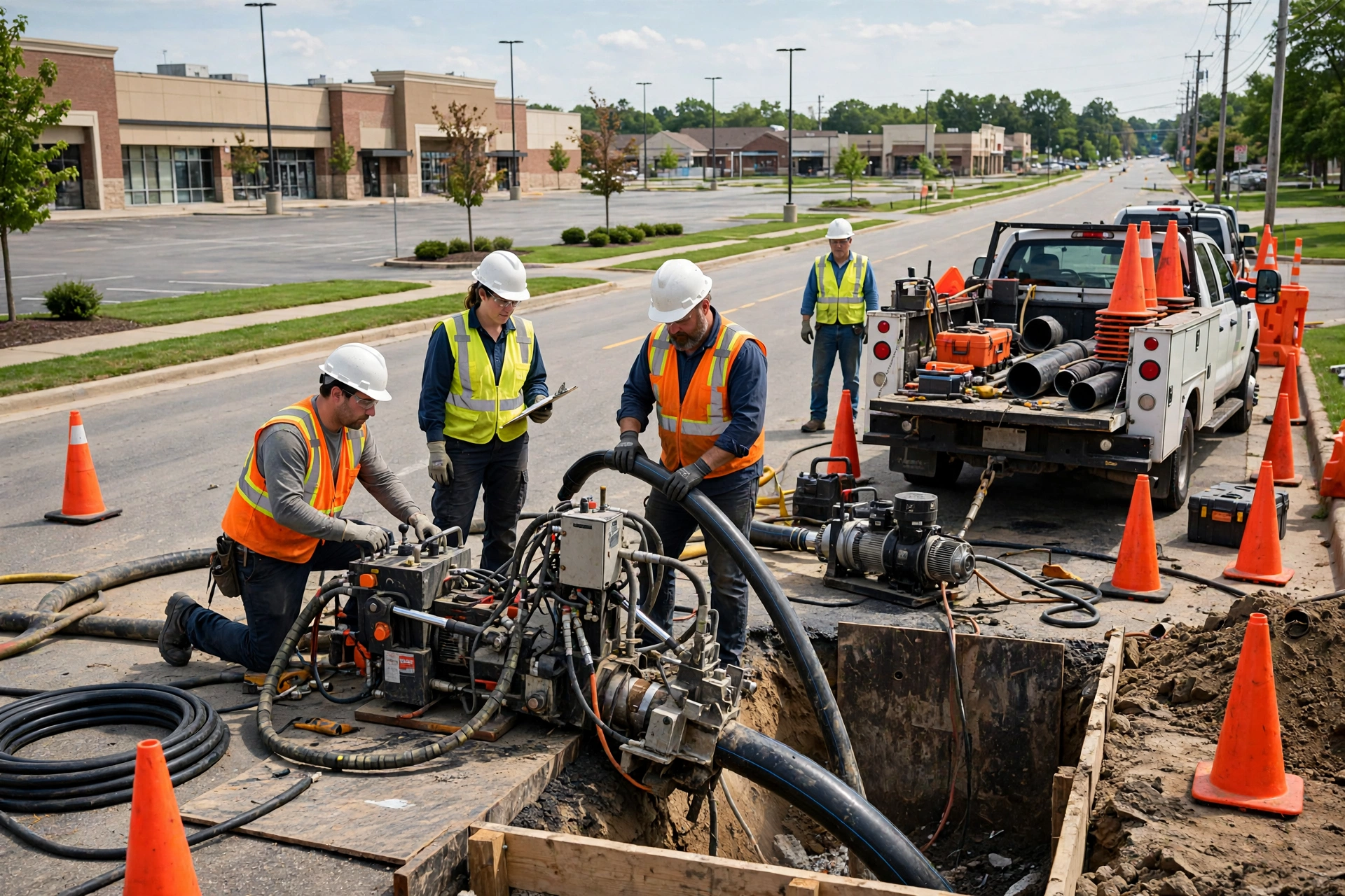Trenchless sewer repair crew with pipe bursting equipment working along a busy suburban commercial corridor in Mentor, Ohio, with a shopping mall in the background