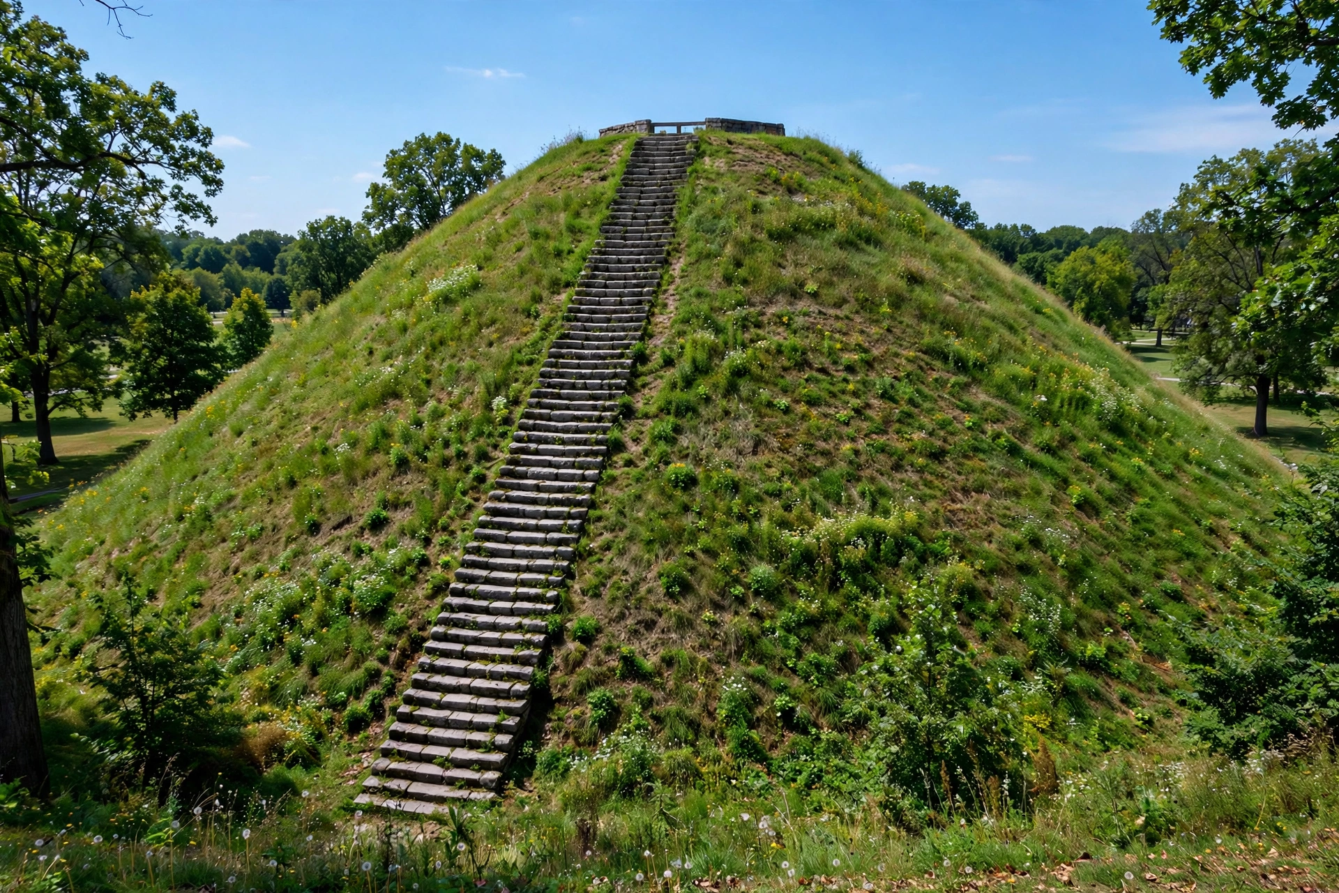 Ancient conical grass-covered Native American burial mound with a stone staircase in Miamisburg Ohio