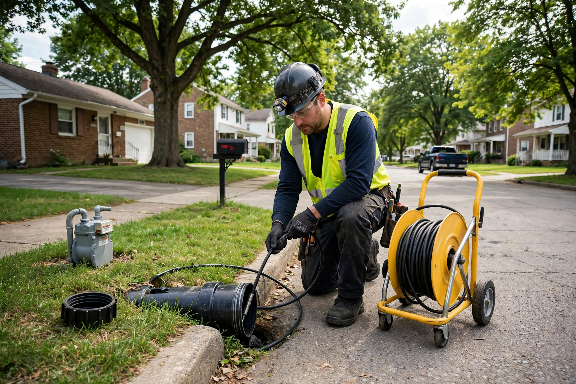 Sewer technician running a camera inspection on a Newark, Ohio residential street lined with older brick homes and mature maple trees