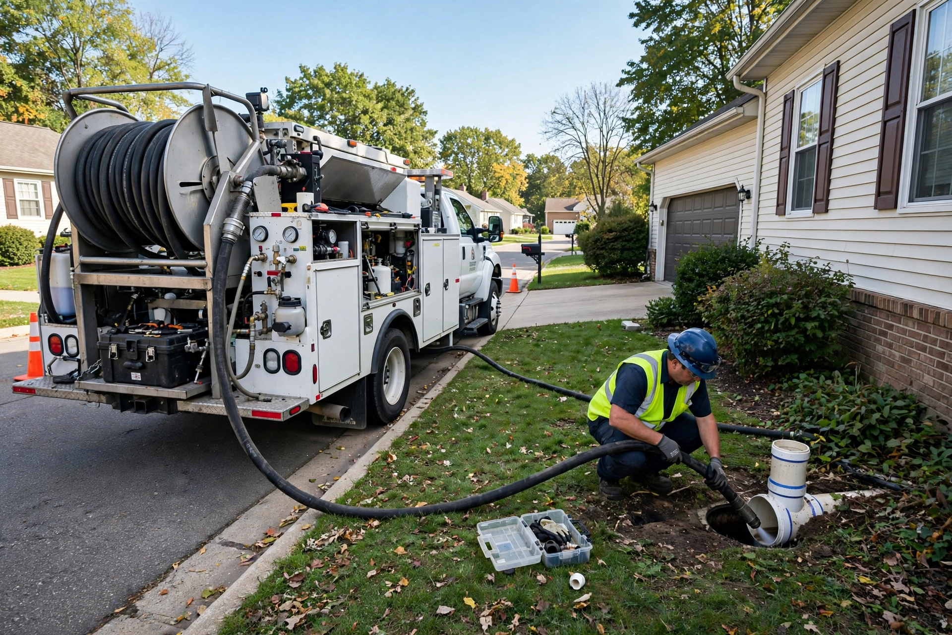 Hydro jetting equipment cleaning a sewer lateral at a suburban Niles, Ohio home