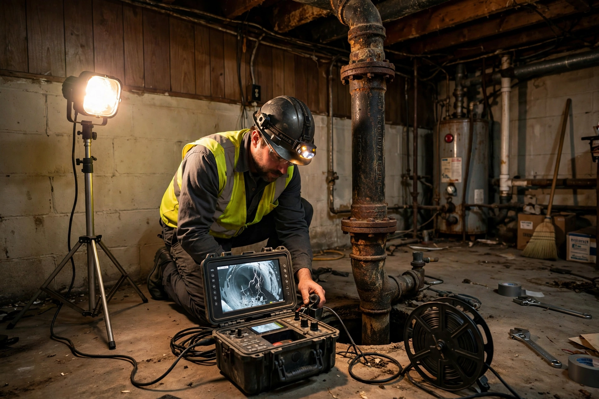 Sewer camera technician in the basement of a 1960s ranch home in North Olmsted, Ohio, with an exposed cast iron drain stack