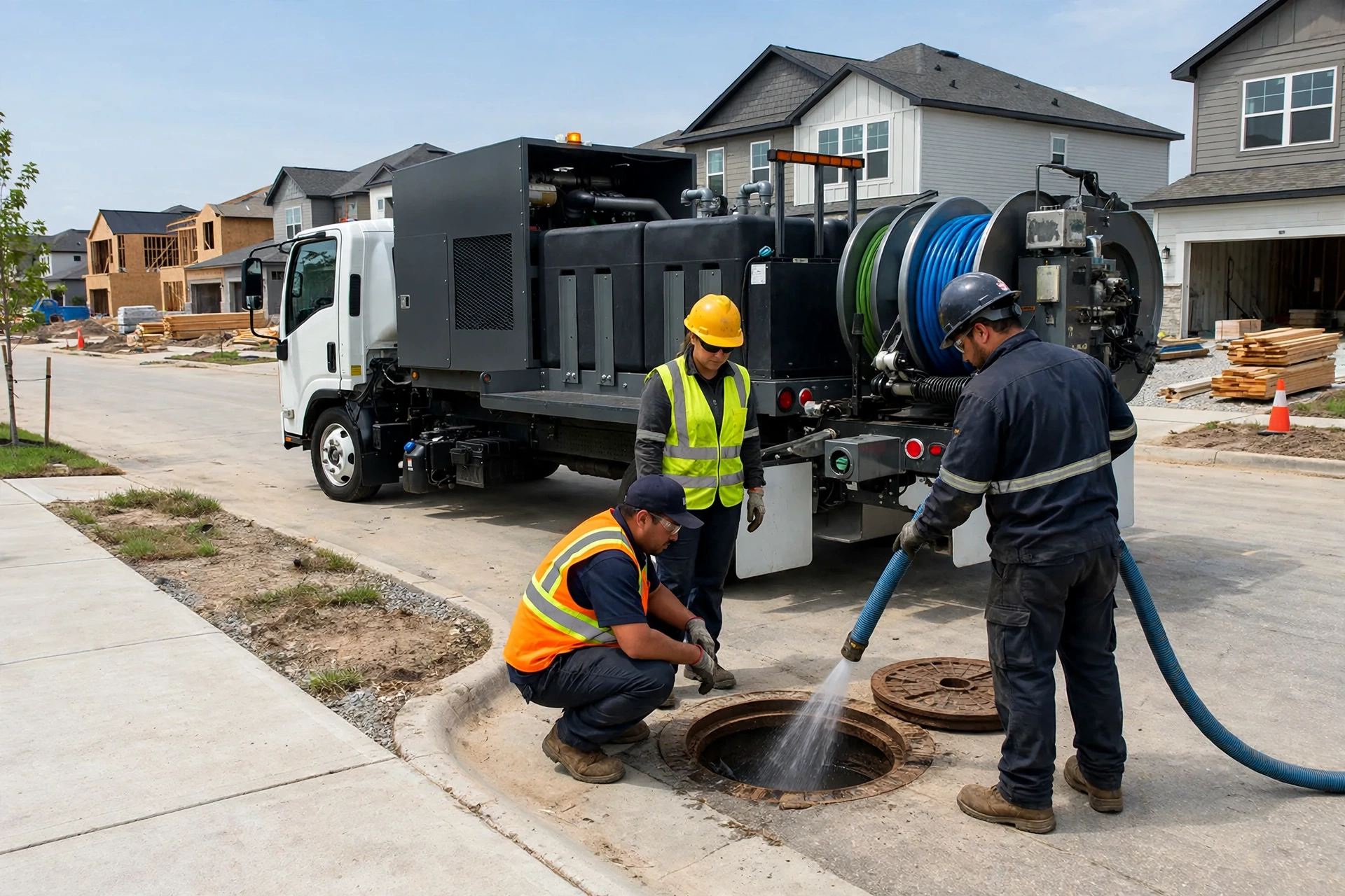 Sewer repair crew with a hydro jetting truck on a new suburban street in North Ridgeville, Ohio