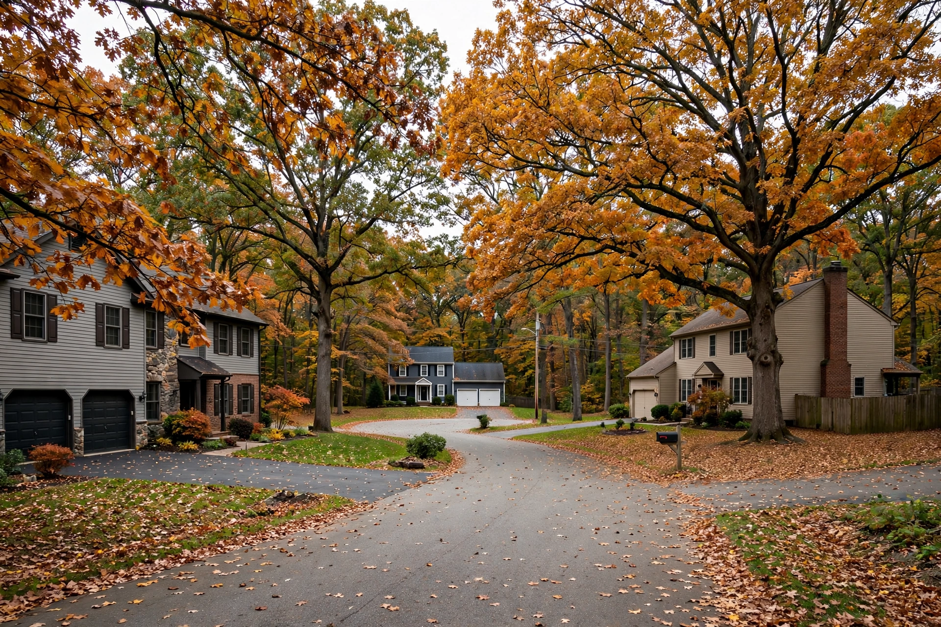 Wooded suburban cul-de-sac with mature oak trees in North Royalton, Ohio