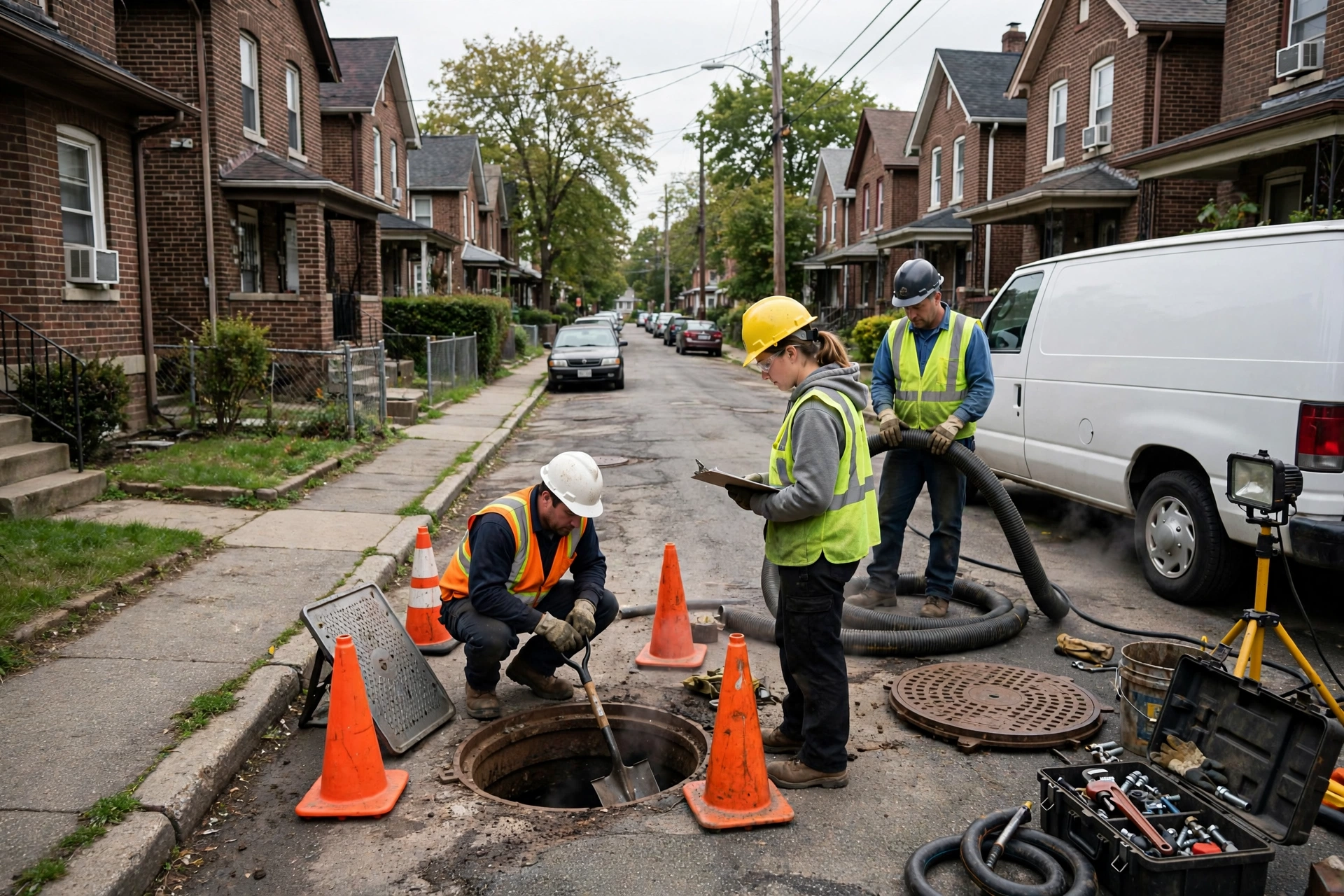 Sewer repair crew working on a narrow residential street in Norwood Ohio with dense post-war homes and small front yards
