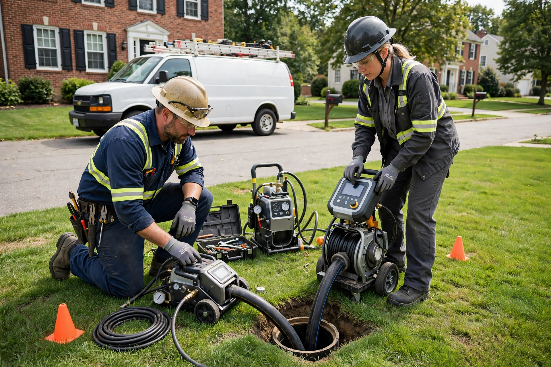 Two Ohio Sewer Masters technicians feeding a trenchless pipe liner into a residential sewer access point on a lawn in front of a brick home