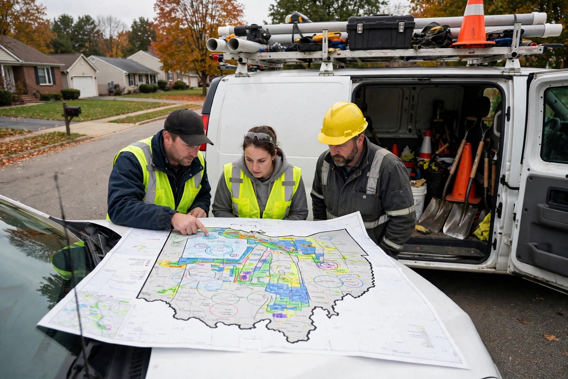 Ohio Sewer Masters crew reviewing a service area map on the hood of a work van, showing statewide Ohio coverage