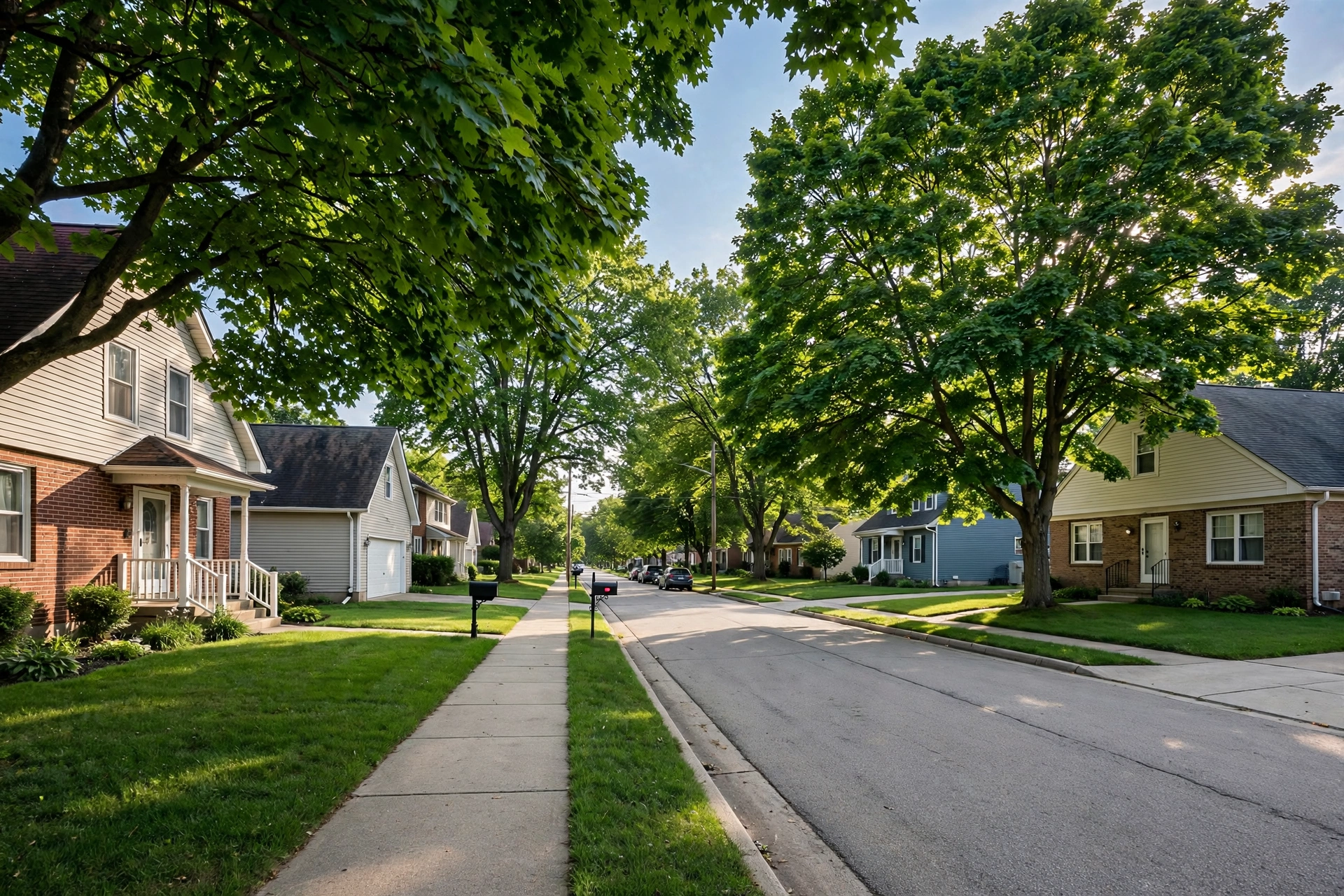 Quiet suburban Ohio street lined with brick homes and mature maple trees